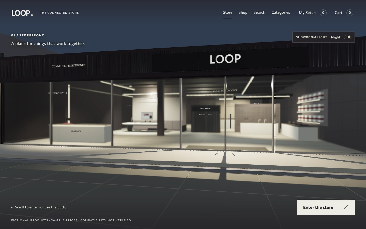 LOOP’s illuminated electronics storefront at night, with its interior visible through the glass.