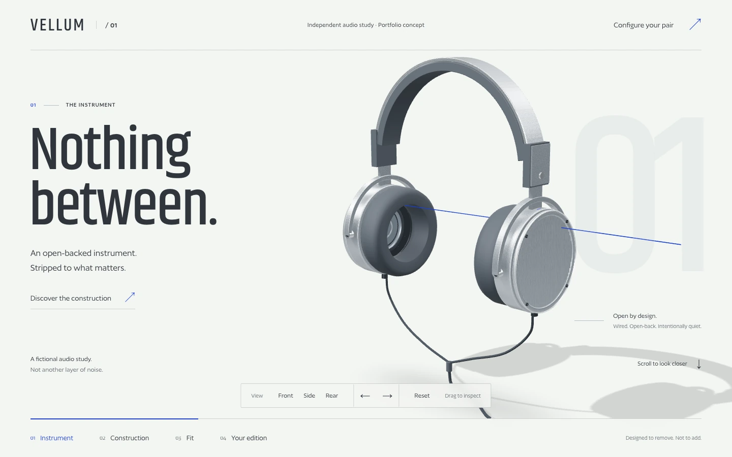 VELLUM / 01’s open-backed headphone instrument, presented on the atelier’s pale product page.