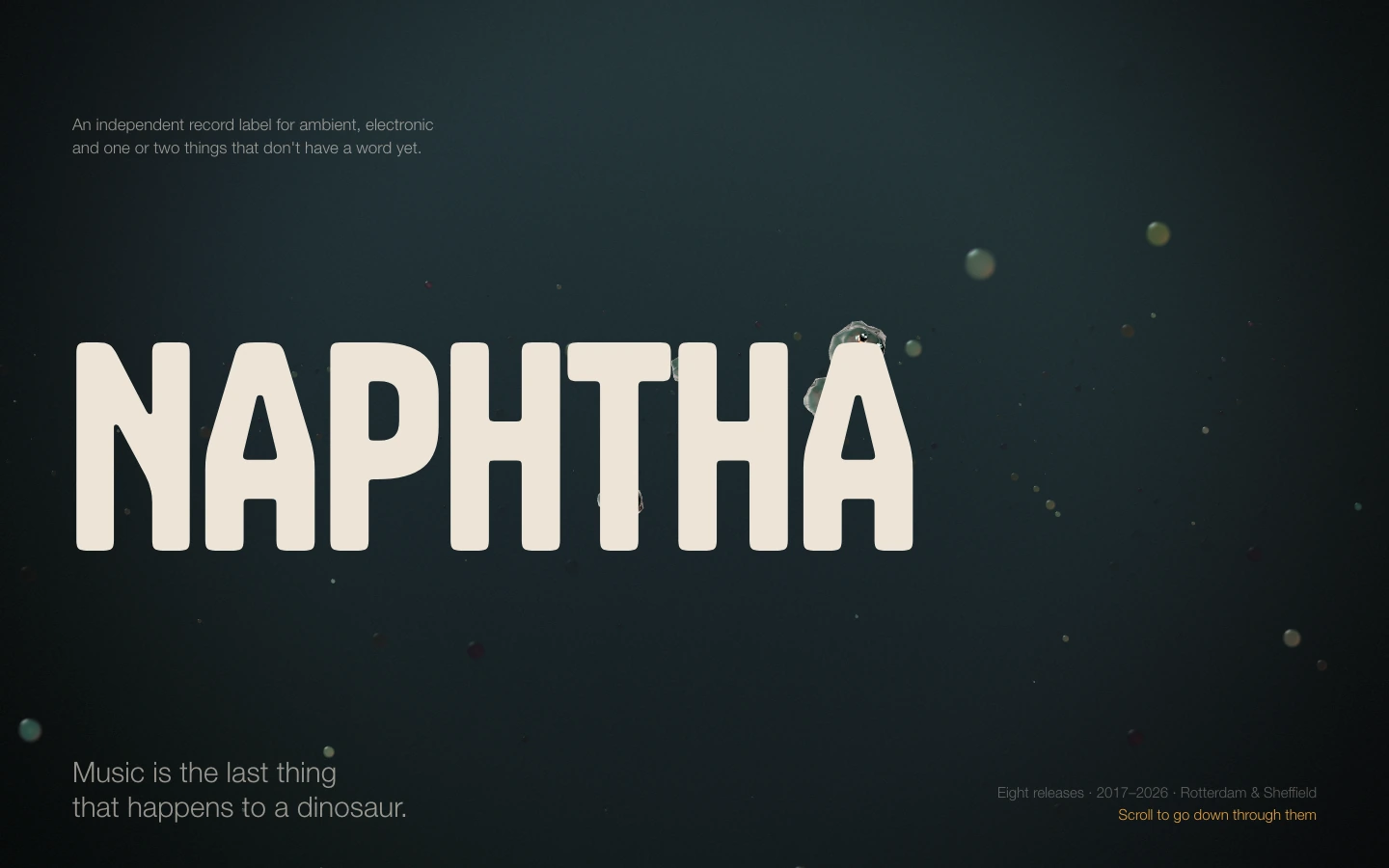 NAPHTHA’s record-label website: its monumental wordmark and spatial record collection.